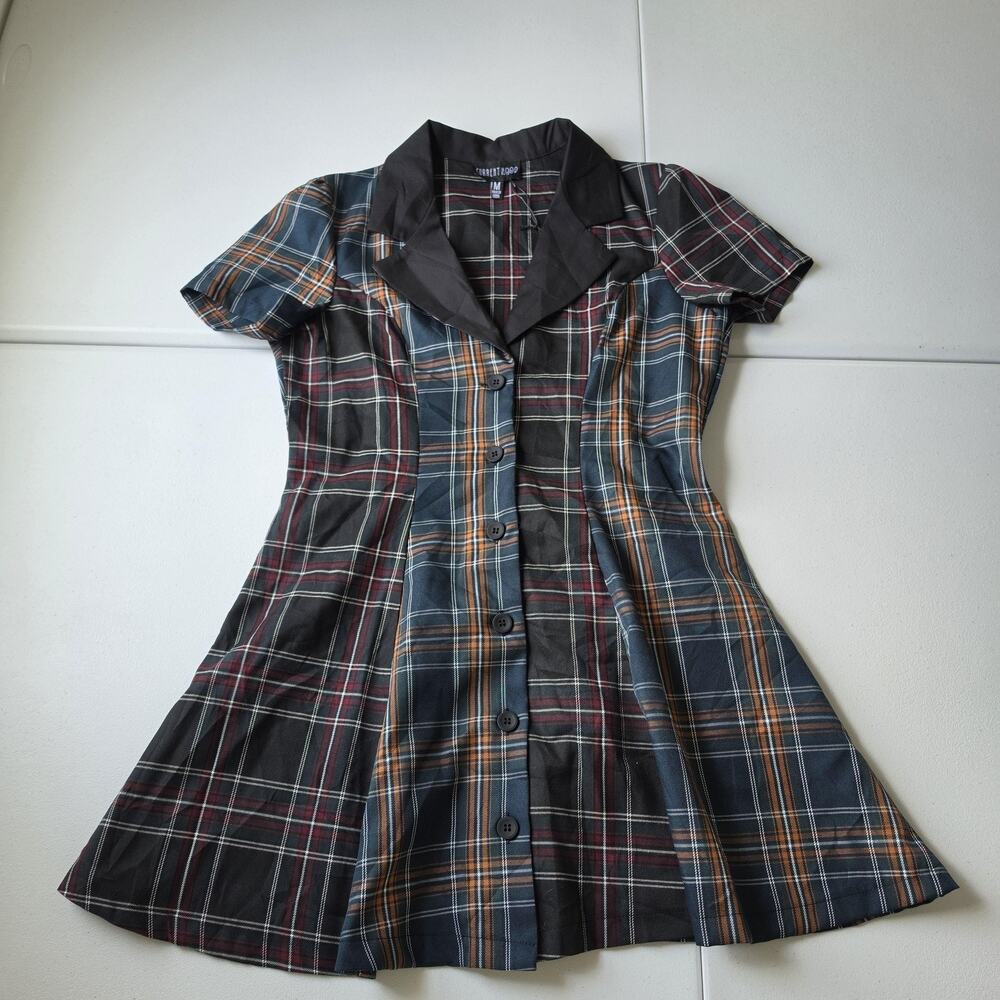 Current Mood Dress Womens Medium Gothic Academia Plaid Collared Mini Fit & Flare